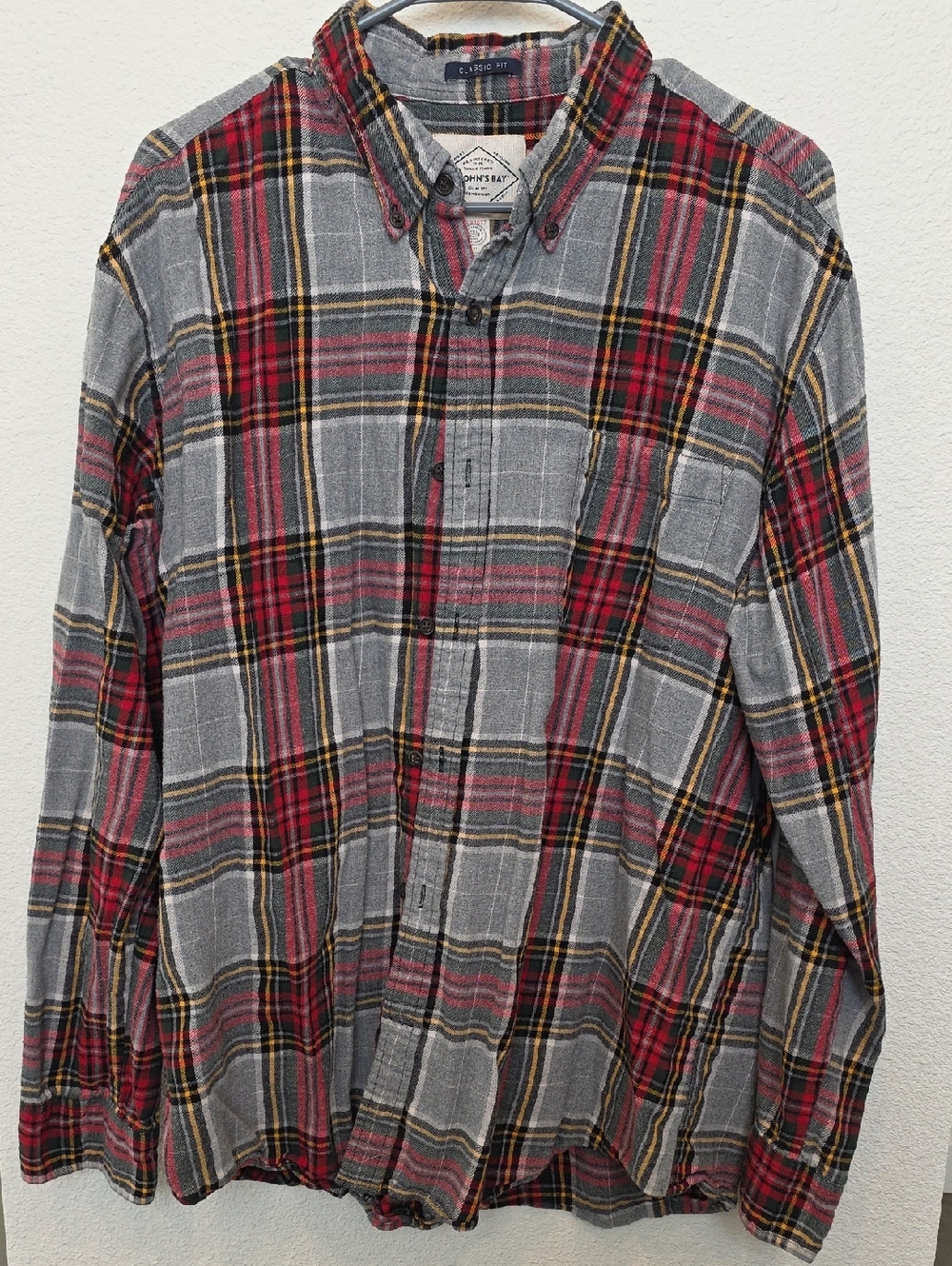 St. John's Bay Gray and Red Plaid Button-Down Shirt